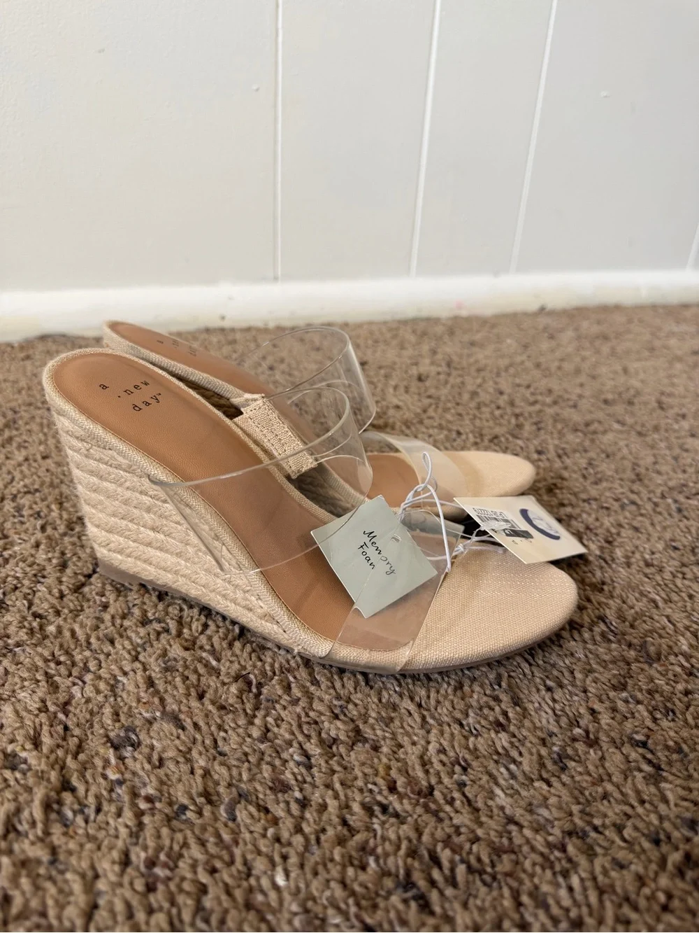 A New Day Clear Strap Espadrille Wedge Sandals Nude Beige Size 6 NWT